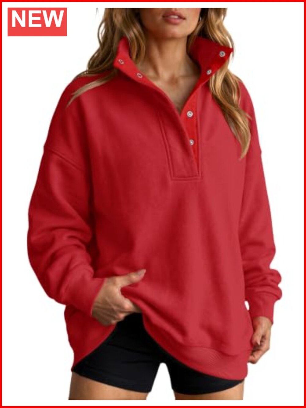 Women's Cotton Blend Button Mock Neck Long Sleeve Pullover Sweatshirt